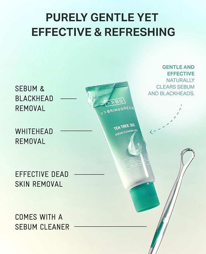 BRING GREEN Tea Tree Cica Sebum Cleaning Gel Set | Korean Blackhead Remover & Pore Minimizer with Pore Cleaner Tool | Sebum Softener for Face, Nose & Chin | Gentle Alternative to Pore Strips & Vacuums