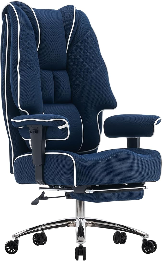 Big and Tall Office Chair 400lbs Wide Seat, Leather High Back Executive Office Chair with Lumbar Support, Ergonomic Chairs Padded Armrests & Thick Cushion (Mesh Blue)