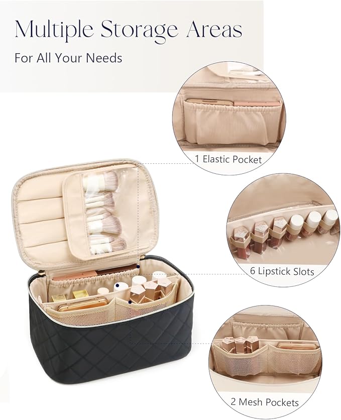 Prite Makeup Bag, Large Capacity Portable Travel Cosmetic Bag, Waterproof Makeup Organizer for Women with Handle and Divider (003 Black Rhombus)