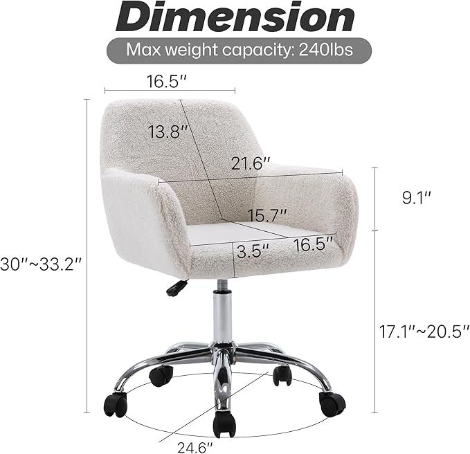 KCC Faux Fur Vanity Makeup Desk Chair, Comfy Fluffy Swivel Modern Leisure Armchair with Wheels, Upholstered Fuzzy Height Adjustable for Teens Women Girls Elegant Home Office