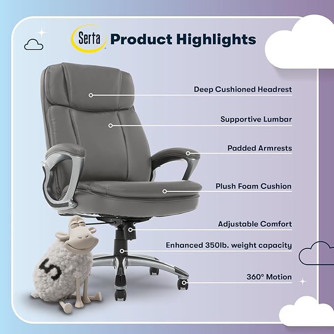 Serta Fairbanks Big and Tall Executive Office Chair - Ergonomic High Back Computer Desk Chair with Lumbar Support, Memory Foam Seat Cushion, Padded Armrests, Bonded Leather, 350 lb Capacity - Gray