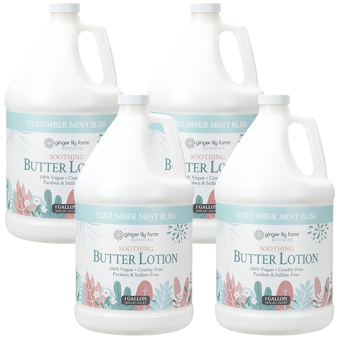 Ginger Lily Farms Botanicals Soothing Butter Lotion for Dry Skin, 100% Vegan & Cruelty-Free, Cucumber Mint Bliss Scent, 1 Gallon (Pack of 4)