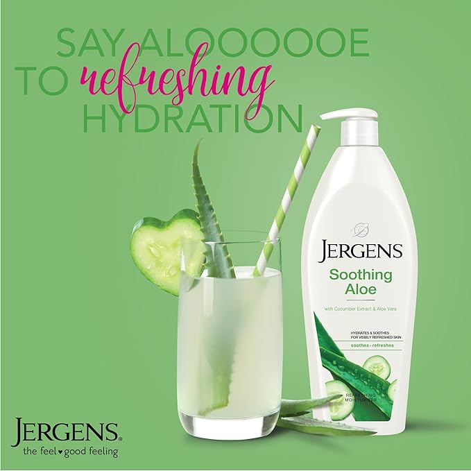 Jergens Soothing Aloe Body Lotion, Aloe Vera Body and Hand Moisturizer, Illuminating Hydralucence Blend, with Cucumber Extract, Dermatologist Tested, 21 Oz (Pack of 2)