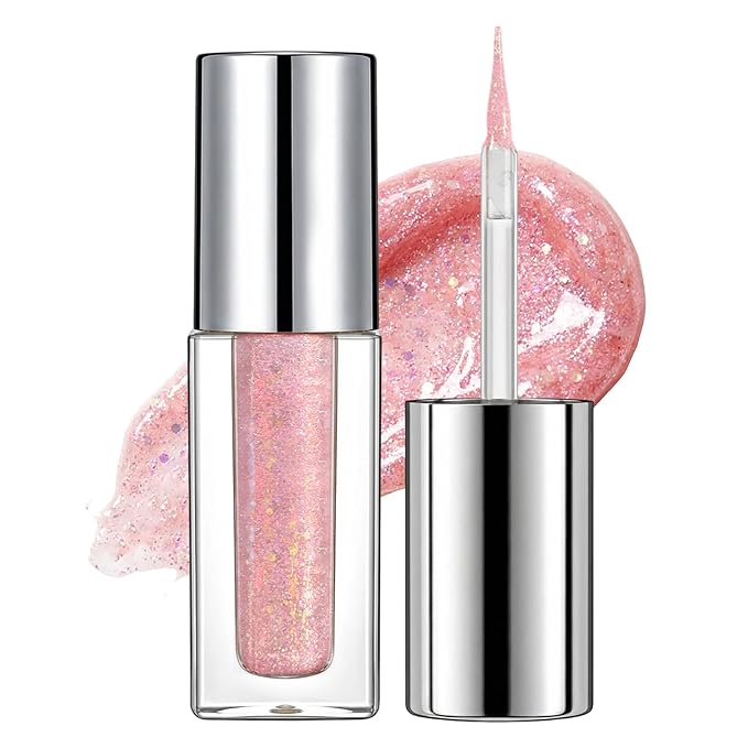Erinde Liquid Glitter Eyeshadow Eyeliner, Metallic Shimmer Glitter Eyeshadow Liner, High Pigment Colored Eyeliner, Waterproof Long Lasting Sparkle Eye Makeup for Women, Silvery Pink