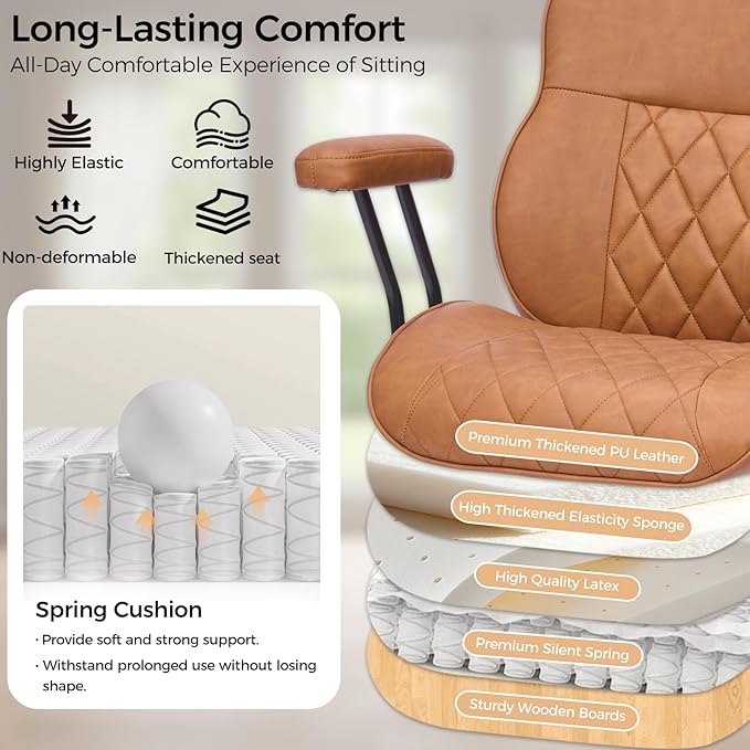 BEWISHOME Brown Leather Office Chair– Features Rubber Wheels and Lumbar Support Ergonomic Mid Century Modern Desk Chair with Adjustable Height, 360° Swivel for Home & Office