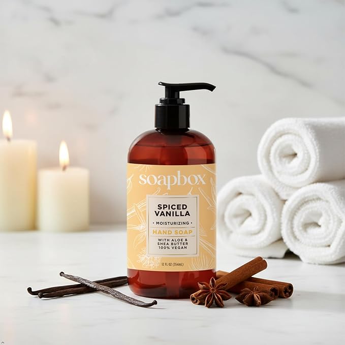 Soapbox Liquid Hand Soap, Spiced Vanilla - Gentle, Moisturizing Hand Cleanser, Vegan, Cruelty Free Hand Soap for Bathroom and Kitchen, 12oz Pump Bottles (Pack of 4)