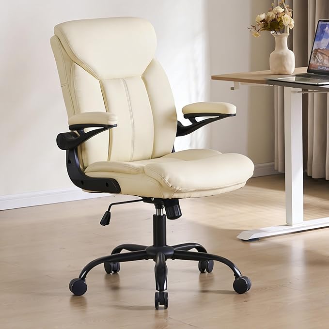 Home Office Ergonomic Desk Chair - Comfy Leather Executive Chair with Flip-Up Armrests, Lumbar Support, 360° Swivel & Rocking (Beige)