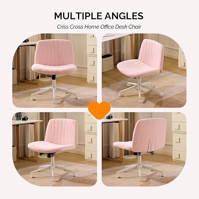 VINGLI Criss Cross Legged Chair,Wide Comfy Office Desk Chair,Dual-Use with/no Wheels Computer Task Chair,Swivel Armless Vanity Boucle Chair for Study,Make Up,Home Office,Teddy Fleece,Pink