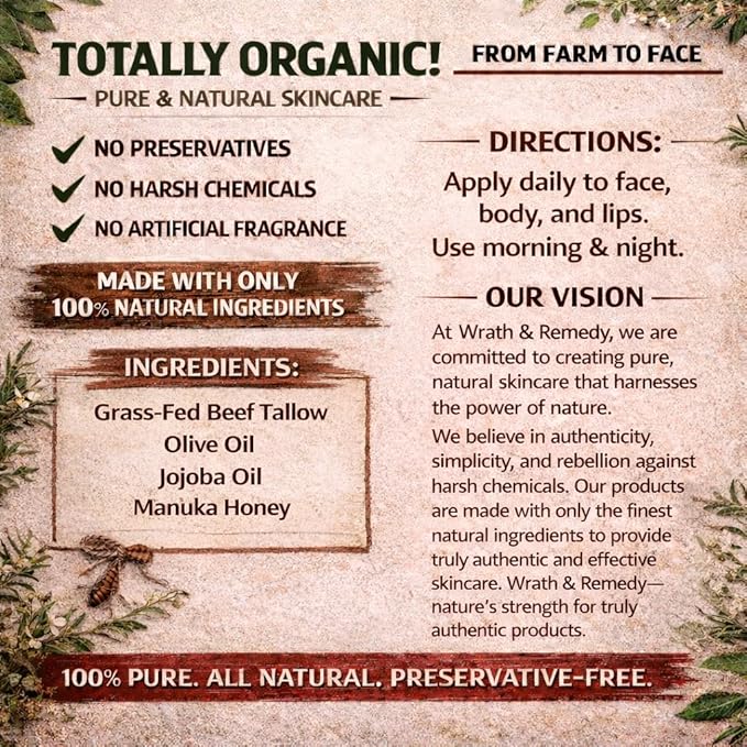 Organic Beef Tallow for Skin - 4 OZ (Unscented) — Grass Fed Beef Tallow for face + Body — US-Made Whipped Tallow and Honey Balm Moisturizer for Dry and Sensitive Skin, Eczema, Rosacea (No Additives)