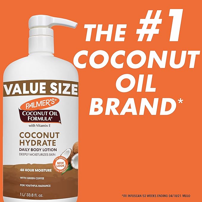 Palmer's Coconut Oil Formula Body Lotion for Dry Skin, Hand & Body Moisturizer with Green Coffee Extract & Vitamin E, Value Size Pump Bottle, 33.8 Fl Oz (Pack of 1)