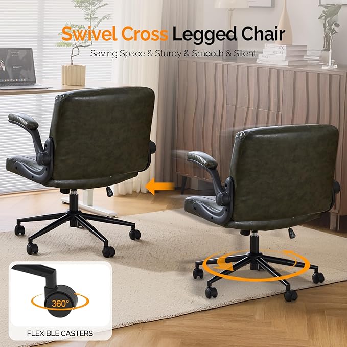 VINGLI Criss Cross Chair with Adjustable Flip-Up Arms,Cross Legged Chair with Wheels, Extra Wide Office Chair,Comfortable Desk Chair for Home Office, Vanity, Bedroom, PU Leather,Dark Green