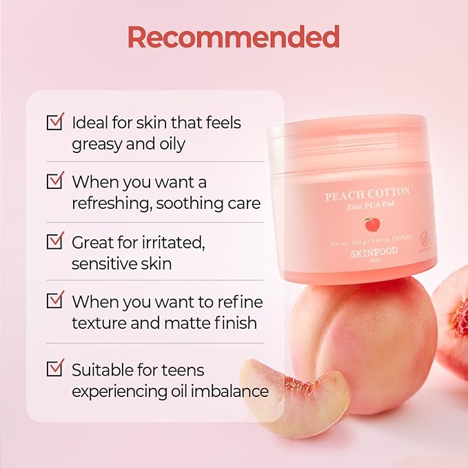 SKINFOOD Peach Balance Set – Oil-Control Zinc PCA Essence and Dual-Texture Peach Toner Pads for Pore Care, Hydration, and Shine Control