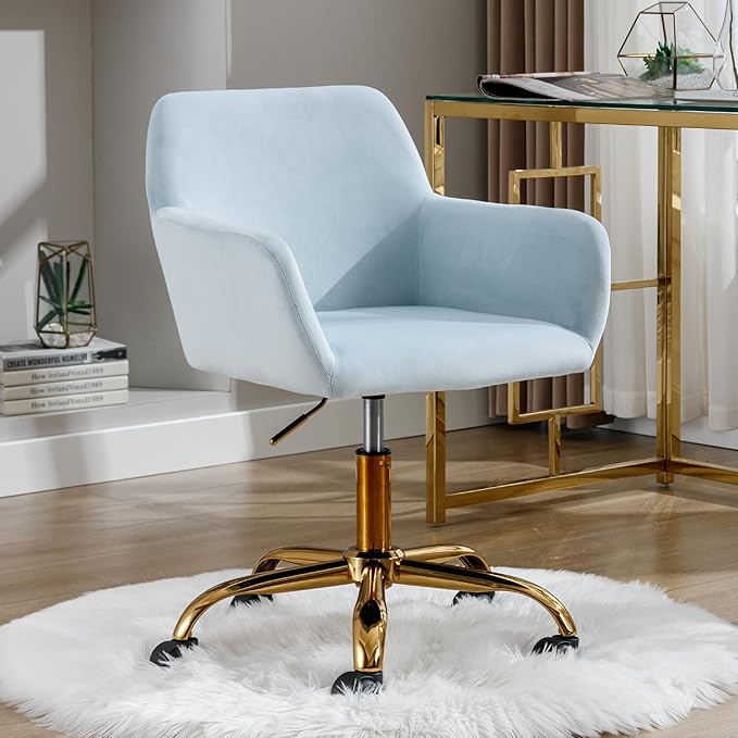 Faux Fur 360°Swivel Desk Chair, Modern Height Adjustable Home Office Armchair with Golden Base for Teens Women Girls, Upholstery Computer Chair, Velvet & Light Blue