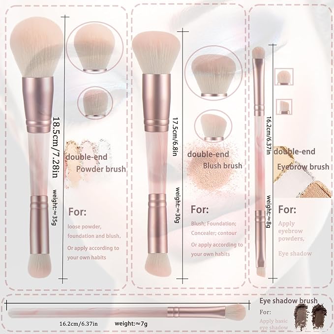 Pink Makeup Brushes set, 4 Dual-Ended Brushes, 3 Makeup Sponges & 1 Metal Stand, Professional Complete Cosmetic Brush Set, for Foundation Powder Blush Eyeshadow