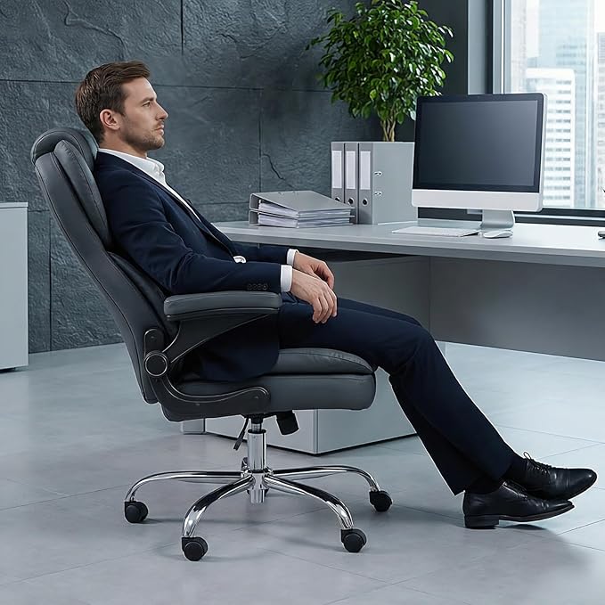 Office Desk Chair, Executive Leather Office Chair, High Back Ergonomic Home Desk Chair with Padded Flip-up Arms, Big and Tall Computer Chair with Rocking Function, 360°Swivel Free, Gray