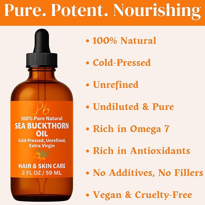 Sea Buckthorn Oil – 100% Pure Cold-Pressed from Fruit & Seed – Sea Buckthorn Seed Oil for Face, Hair, Skin & Nails – Supports Radiant, Youthful-Looking Skin – Amber Glass Bottle 2 fl oz