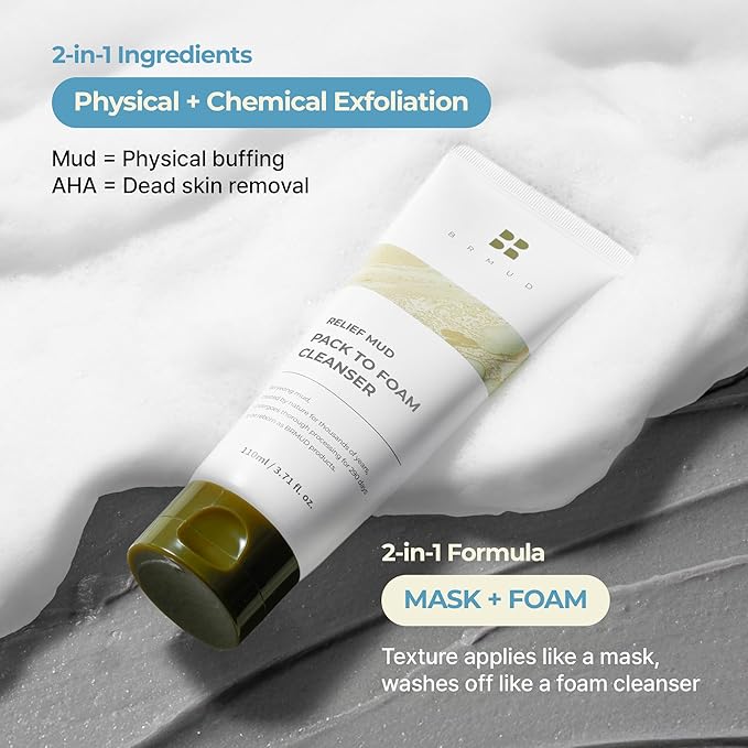 BRMUD Relief Mud Pack to Foam Cleanser - 2-in-1 Purifying & Hydrating Korean Foaming Clay Mask Facial Cleanser for Pore & Sebum Control - Makeup Cleansing Face Wash Korean Skincare (3.71 fl oz)