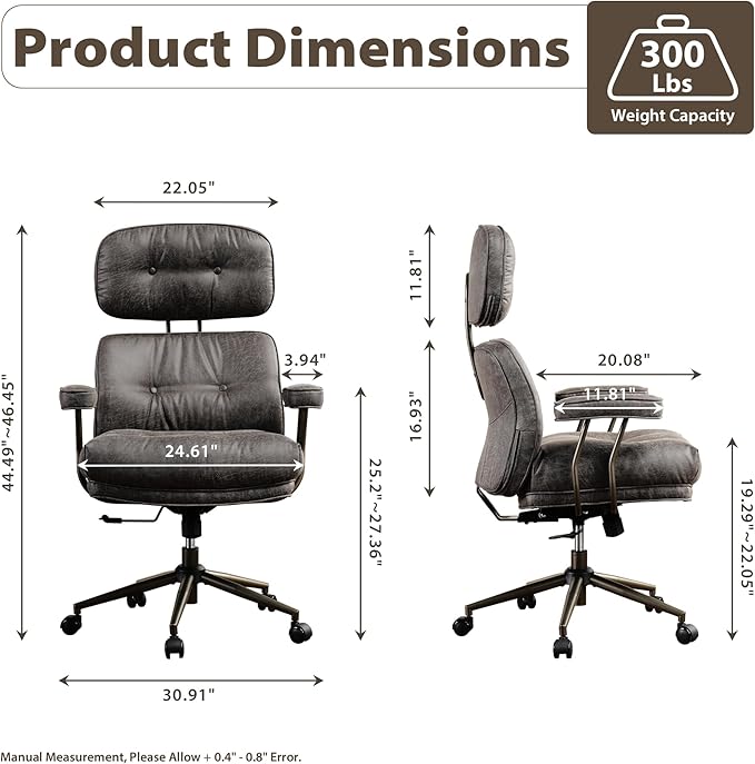 HOOOWOOO Ergonomic Mid Century Modern Office Chair, Comfy Executive Chair with Extra Wide Tufted Cloudy Seat, Lumbar Support, High Reclining Back, Suede Leather Grey