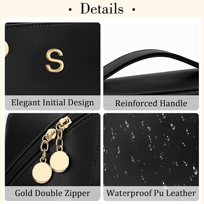 Birthday Gifts for Women Teen Girl, Personalized Initial Makeup Organizer Bag Set, Open Flat Travel Cosmetic Bag With Clear Divider and Handle(Black,S)