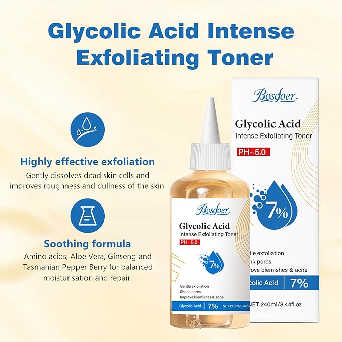 7% Glycolic Exfoliating Acid Toner, Even Skin Tone, Smooth Skin, Unclogs Pores, Gentle Effective Toner with Hydrating Properties for Daily Use