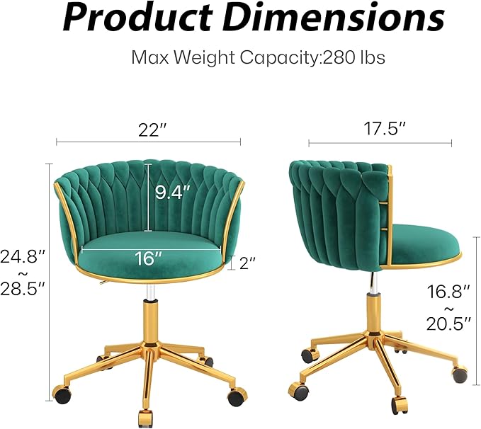 Velvet Woven Home Office Chair, Modern Swivel Desk Chair with Wheels, Height Adjustable Vanity Chair with Gold Metal Base and Hand Weaving Back for Bedroom Study Small Space, Green