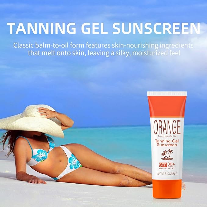 Orange Sun Tanning Gel, Hydrating & Moisturizing Formula with SPF 30 Sunscreen, Fast-Absorbing Tan Accelerator for Faster Darker Tan, Gentle Sun Protection for All Skin Types (1pc, 3.12oz)