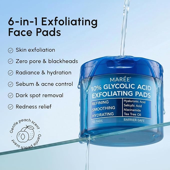 MAREE Glycolic Acid Resurfacing Pads - Toner Pads for Face Cleansing - Exfoliating Pad with Tea Tree Oil, Salicylic Acid & Vitamins E, B3, B5 - Facial Device for Pore Resurfacing & Radiance - 50 Count