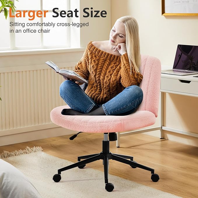 Sweetcrispy Criss Cross Chair Legged, Armless Office Swivel Desk Chair with Wheels, Vanity Height Adjustable Wide Seat Computer Task Seating - Teddy Pink