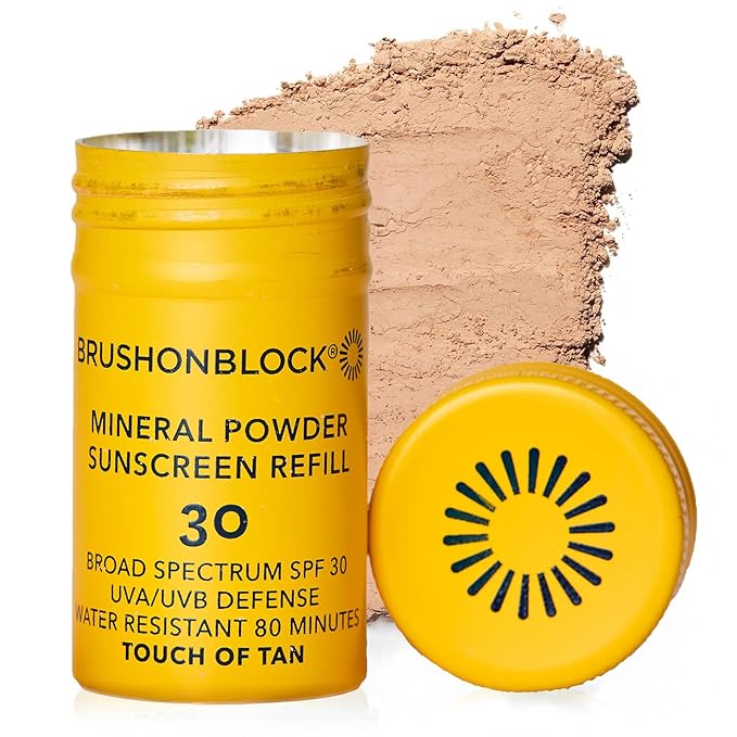 Brush On Block SPF 30 Mineral Powder Sunscreen Refill New Formula, With Niacinamide, Hyaluronic Acid, & Vitamin C, Broad Spectrum, Water Resistant, Reef Friendly (Touch of Tan Refill)