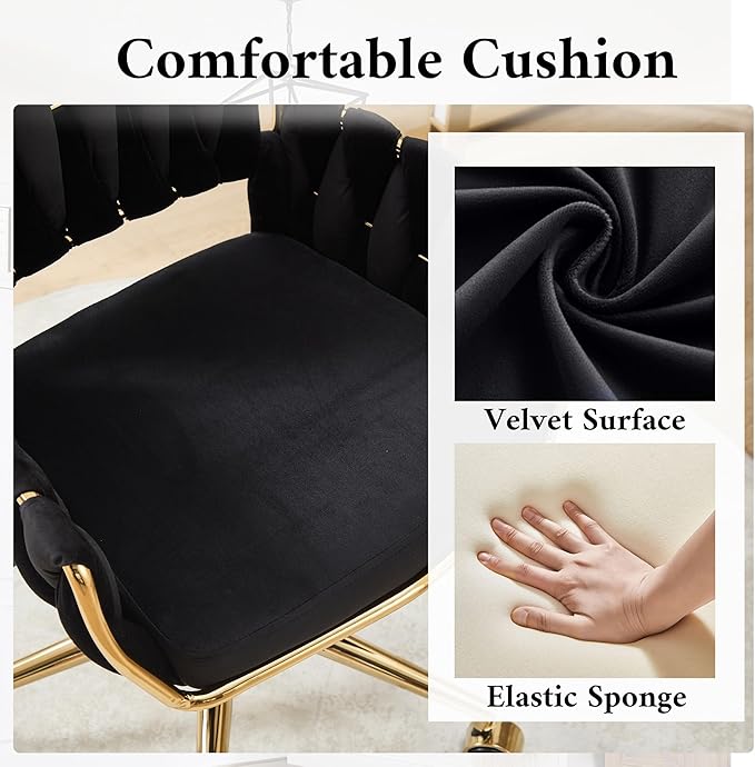 civama Velvet Office Desk Chair with Hand Woven Backrest, 360°Swivel & Height Adjustable Cute Girls Vanity Vlog Chairs, Nail Salon Bedroom Dressing Room Armchair with Gold Base and Wheels (Black)
