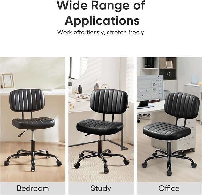 DUMOS Small Office Desk Chair - Armless PU Leather with Comfy Lumbar Support, Height Adjustable Rolling Swivel Task for No Arms, for Adult, Student, Bedroom, Home, Vanity, Black