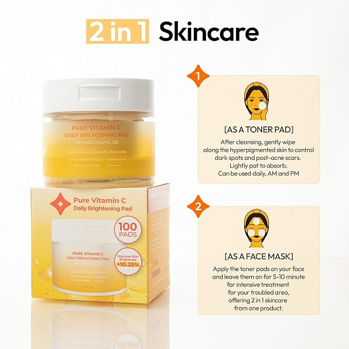 FreeGo Pure Vitamin C Daily Brightening Pad (100 Pads), K-Beauty Korean Skincare Facial Toner Pads for Uneven Hyperpigmented Skin, Instant Brightening & Transparency, Korean Skin Care for Dark Spots