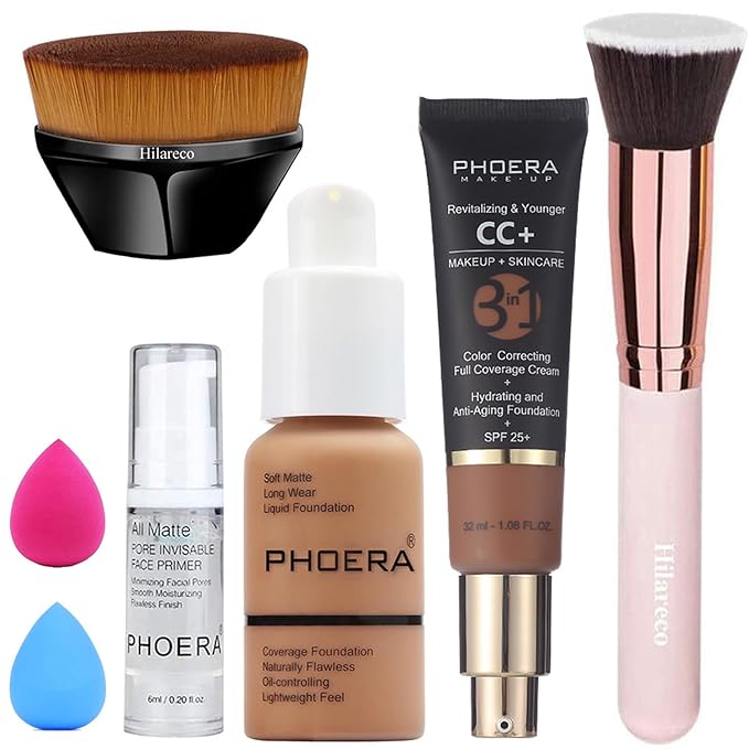 PHOERA CC+ Cream Color Correcting Anti Aging Hydrating Serum & SPF 25+, PHOERA Primer, Makeup Foundation, Kabuki Makeup Brushes Foundation Brush (107 Honey + 200 Mocha CC Cream)
