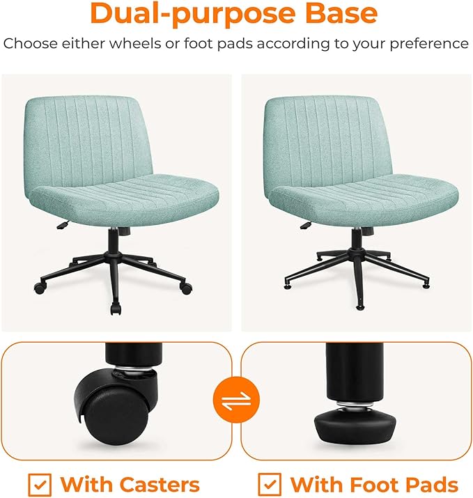 NEO Chair Criss Cross Chair with Wheels Armless Cross Legged Office Desk Wide Comfy Vanity Makeup Chair Adjustable Swivel Rolling Computer for Home Office Fabric (Mint)