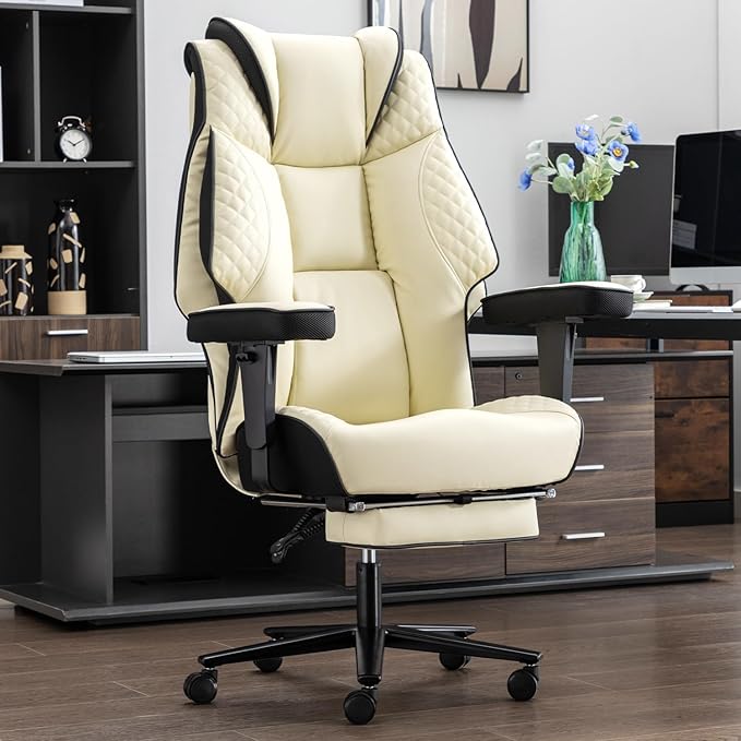 Big and Tall Office Chair 500lbs - 23.6" Extra Wide Seat Ergonomic Executive Chair, Heavy Duty Metal Base High Back Leather Office Chair with Footrest, Lumbar Support & Adjustable Arm, Beige