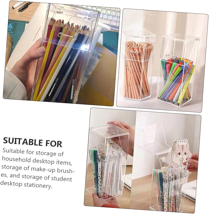 DOITOOL Acrylic Makeup Brush Holder with Lid Clear Pen Holder Storage Box Dust-Free Cosmetic Organizer for Vanity and Desktop 4.33 X 3.35 X 4.33 Inch