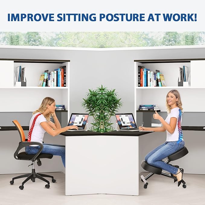Kneeling Chair Ergonomic for Office, Height Adjustable Stool for Home and Office - Improve Your Posture with an Angled Seat - Thick Moulded Foam Cushions - Brake and Smooth Gliding Casters