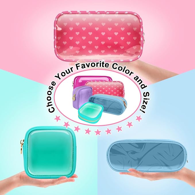 Nylon Small Clear Makeup Bag Slim Pencil Pouch, Cute Pencil Case Makeup Bag Preppy Cosmetic Zipper Pouch for Purse,Travel PVC Toiletry Bag Clutch Coin Pouch Makeup Organizer for Women Girl(Pink Heart)