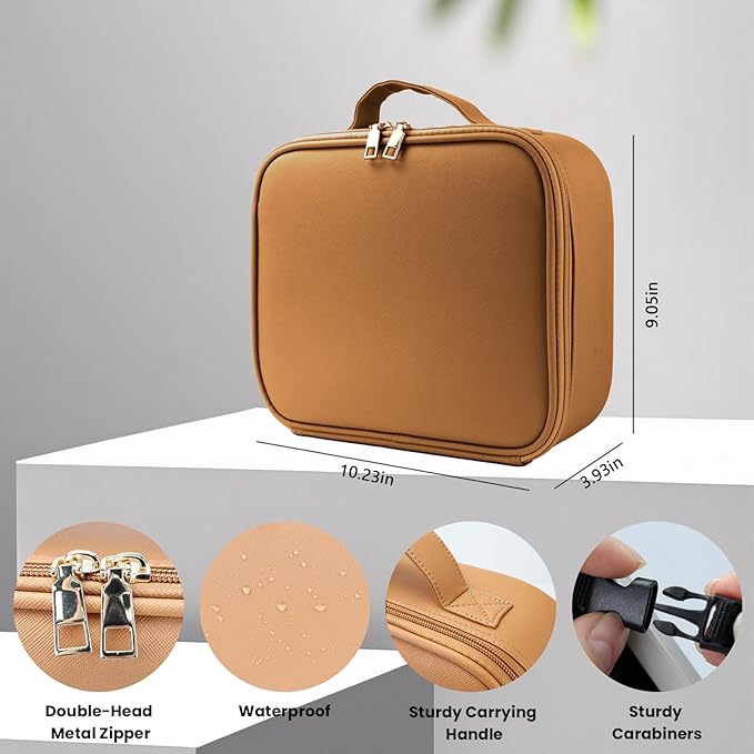 Makeup Bag with Led Mirror,Portability Cosmetic Case Portable Cosmetic Brush Organizer Bag with Adjustable Dividers,Gift for Women,Girls Gift (Light Brown)
