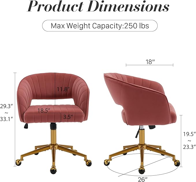 Home Office Swivel Desk Chair, Modern Velvet Vanity Chair, Height Adjustable Armchair with Gold Base, Ergonomic Office Chair for Task Study Computer Room, Rose