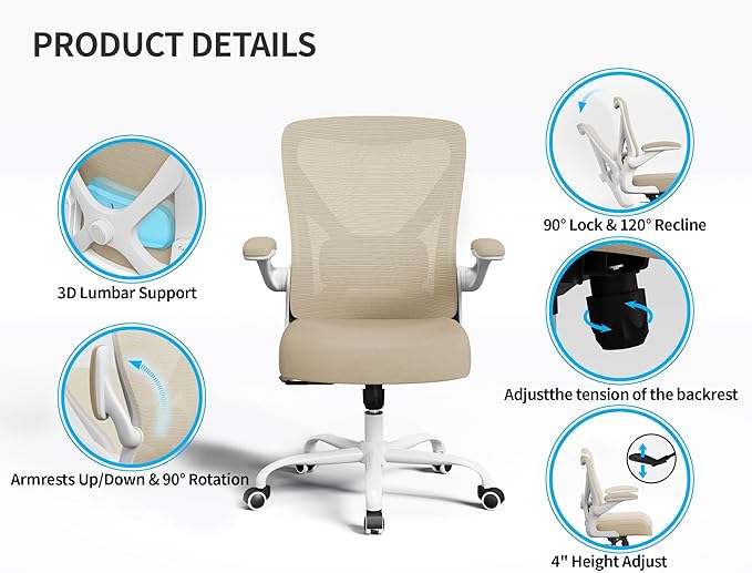 Ergonomic Office Chair - X-Shaped Computer Desk Chair Comfy, Gaming Chair, Office Chair with Lumbar Support, Mesh Office Chairs, Desk Chair for Long Hours(White Beige)
