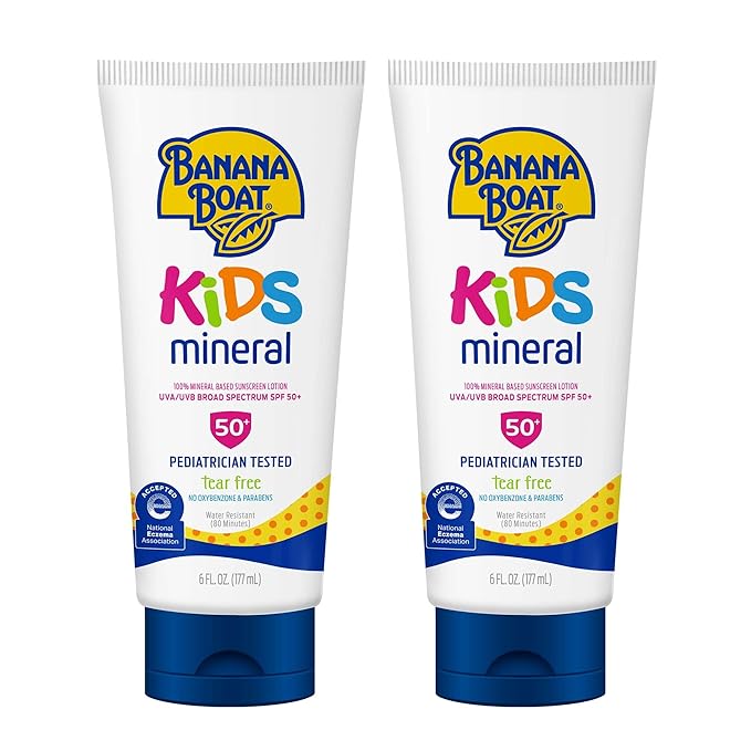 Banana Boat 100% Mineral Kids Sunscreen Lotion SPF 50, Twin Pack | Banana Boat Mineral Sunscreen for Kids, Childrens Sunblock SPF 50, Oxybenzone Free, 6Fl Oz each (Pack of 2)