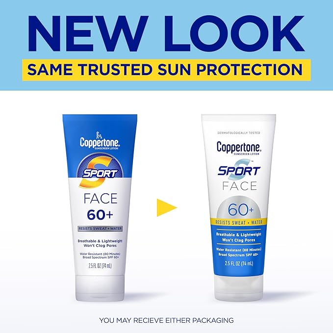 Coppertone Sport Face Sunscreen Lotion SPF 60+, Water Resistant Sunscreen with Broad Spectrum SPF 60+, Lightweight and Breathable, 2.5 Fl Oz Tube