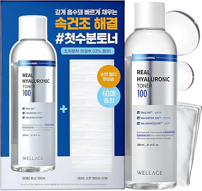 WELLAGE Real Hyaluronic Toner 100 ([2nd Gen] 10.1 fl.oz.+Cotton Pads (60ea))