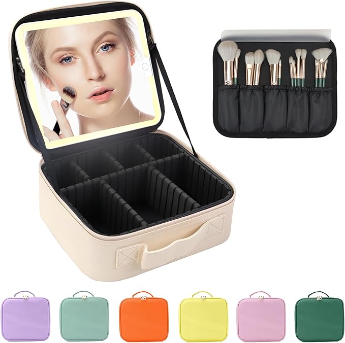 Makeup Bag with Led Mirror,Large Vanity Makeup Cases with 3 Color Setting,Portable Storage and Adjustable Dividers,for Women and Makeup Artists Cosmetic Organizer Travel Makeup Bag-White