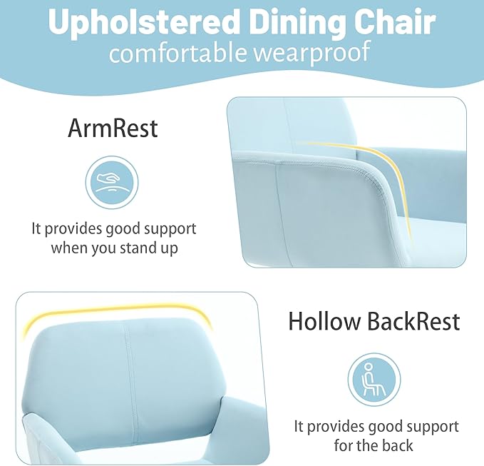 KCC Small Modern Dining Room Arm Chairs Set of 4, Mid-Century Upholstered Velvet Side Seat Club Guest with Metal Tube Legs for Kitchen, Living Room, Blue