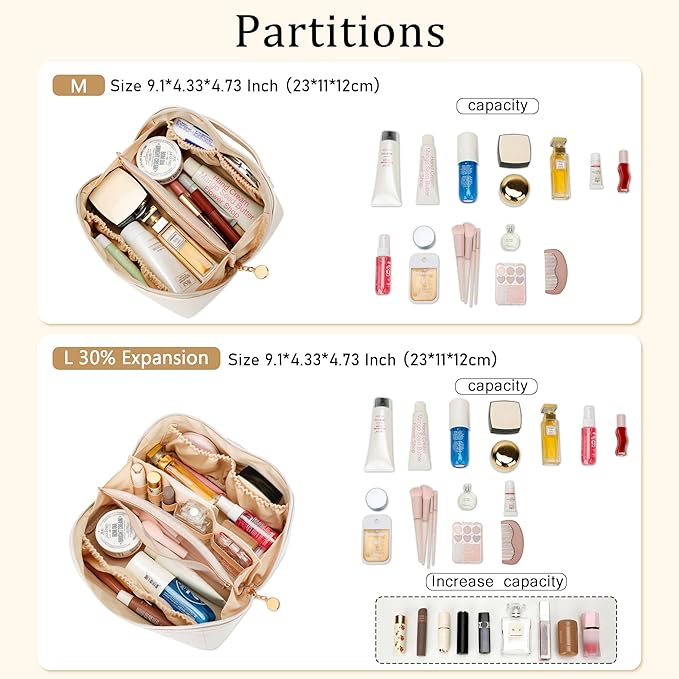 Birthday Gifts for Women Teen Girl, Personalized Initial Makeup Organizer Bag Set, Open Flat Travel Cosmetic Bag With Clear Divider and Handle(Large-Beige,S)