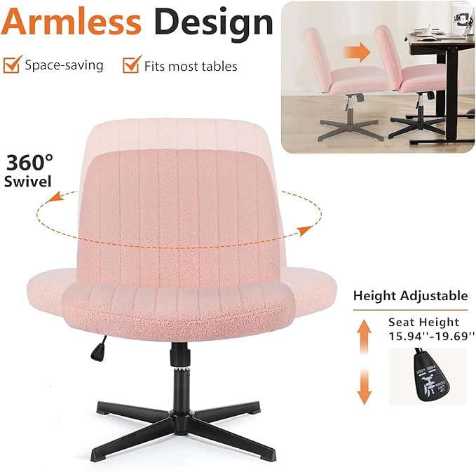 Sweetcrispy Criss Cross Chair Legged, Armless Office Wide Desk Chair No Wheels, Swivel Vanity Height Adjustable Fabric Modern Computer Task Seating for Home - Teddy Pink