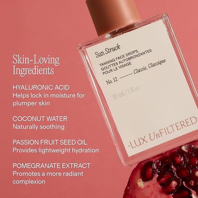 + Lux Unfiltered N°12 Sun Struck Bronzing Face Tanning Drops - Gradual Self Tanner - Natural Glow, Streak-Free, Fragrance Free - Hyaluronic Acid & Vitamin E - Vegan & Cruelty Free - Classic
