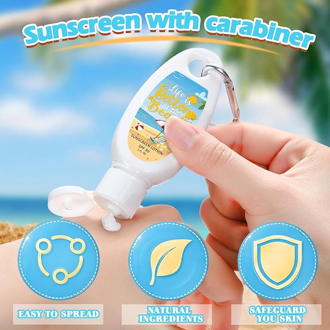 Leelosp 30 Pcs Mini Sunscreen with Carabiner Bulk Travel Size 1 Fl. oz. Spf 30 Water Resistant Mini Sunblock Lotion with Clip Summer Beach Party Favor for Wedding Bridal Shower Vacation Gifts